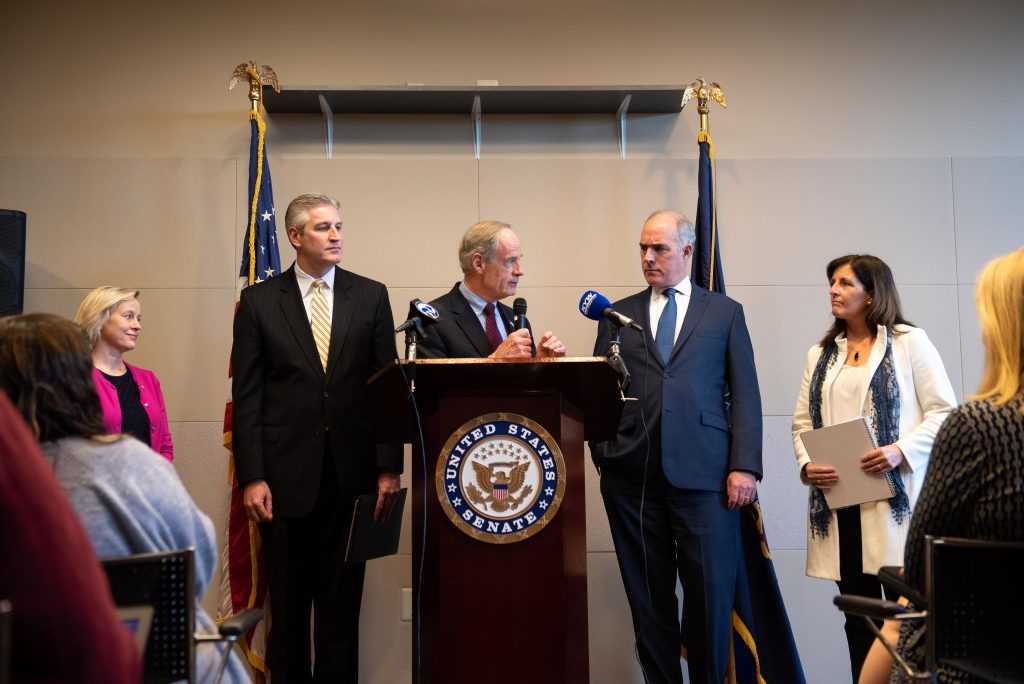 20190408_WHYY_PFAS Remediation_D750_050 In a press conference, Del. Sen. Tom Carper, alongside Pa. Sen. Bob Casey, discusses measures pushing for a federal response to PFAS chemical contamination, following a roundtable discussion at the Horsham Township Library in Horsham, Pa. on Monday, April 8, 2019. (Kriston Jae Bethel for WHYY)
