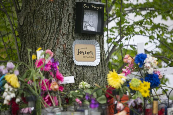 A memorial to remember Sincere Howard and Shirleen Caban who were killed on Sunday, April 21 at Von Nieda Park in Camden. A community rally was held to create safer environment for children on Thursday, April 25, 2019. (Miguel Martinez for WHYY)