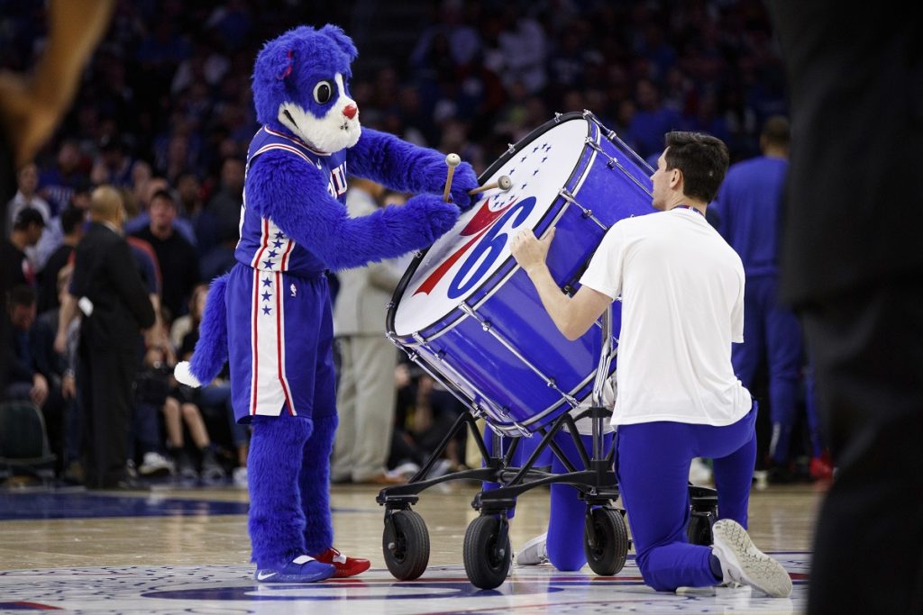 Nets 76ers Basketball Philadelphia 76ers mascot Franklin plays the big drum during the first half in Game 5 of a first-round NBA basketball playoff series against the Brooklyn Nets, Tuesday, April 23, 2019, in Philadelphia. The 76ers won 122-100. (AP Photo/Chris Szagola)