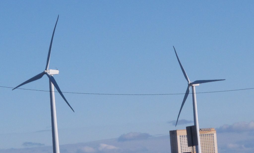 Wind Energy Windmills at a sewer plant in Atlantic City, N.J., turn in the wind on Monday Jan. 4, 2016. The Environment New Jersey environmental group issued a report Monday saying that New Jersey has the greatest potential to develop offshore wind energy of any mid-Atlantic or New England state. (Wayne Parry/AP Photo)