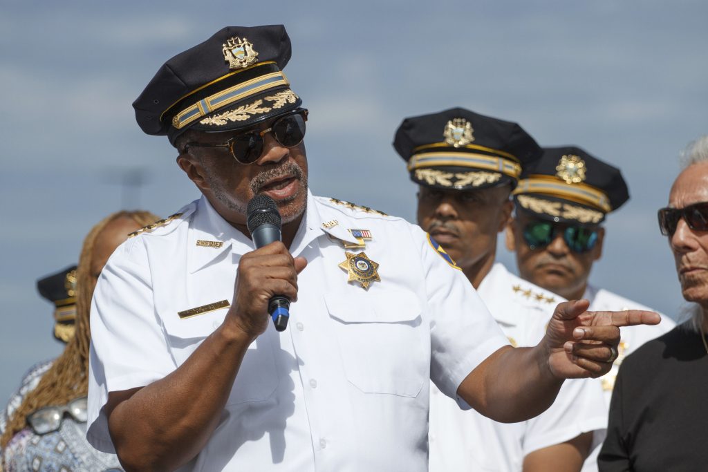 PA: Police & Fire Hero Thrill Show Philadelphia Sheriff Jewell Williams speaks at the Hero Thrill Show, an annual event raising money for children of fallen first responders, September 22, 2018. (Michael Candelori/Sipa via AP Images)