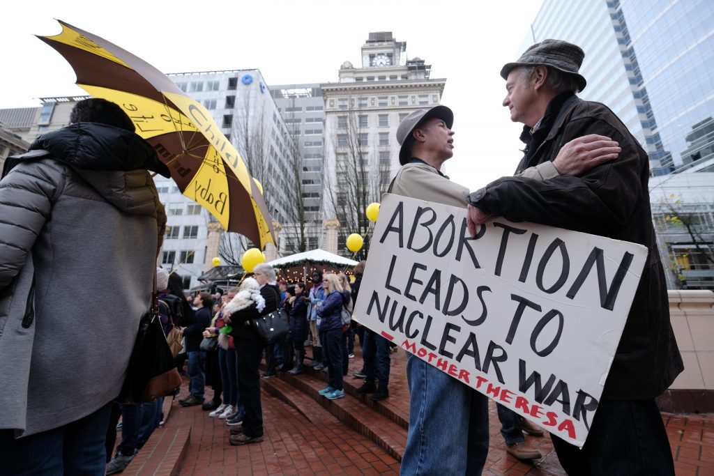 OR: Counterprotest At Roe V Wade Portland Rally People gather for the Roe v. Wade rally for life in Portland, Ore., on January 19, 2019. (Photo by Alex Milan Tracy/Sipa USA)(Sipa via AP Images)