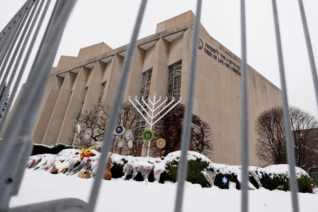Tree of Life Synagogue Barricades surround the gardens outside the Tree of Life Synagogue Monday, Feb. 11, 2019, in Pittsburgh's Squirrel Hill neighborhood where Robert Bowers is accused of killing 11 and wounding multiple others during an attack on that Pittsburgh synagogue in October of 2018. (Keith Srakocic/AP Photo)