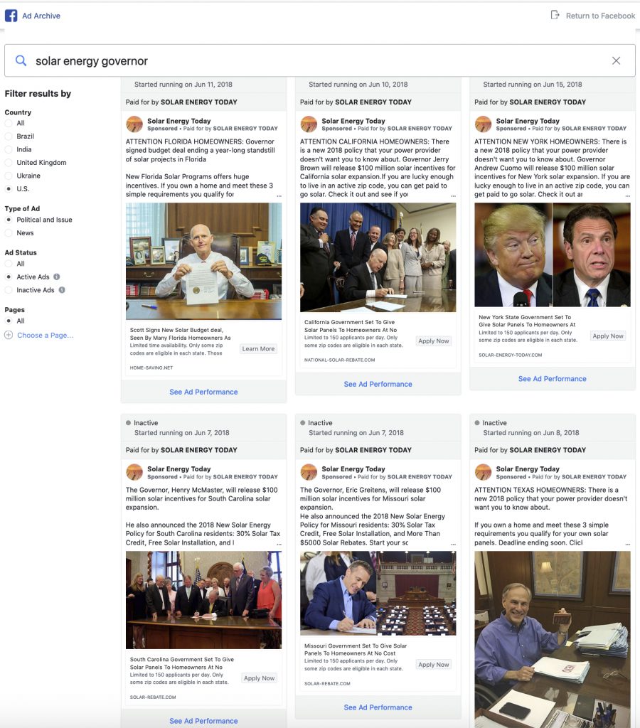 Facebook Solar Energy Scam In this screenshot made from a Facebook page, a search result for
