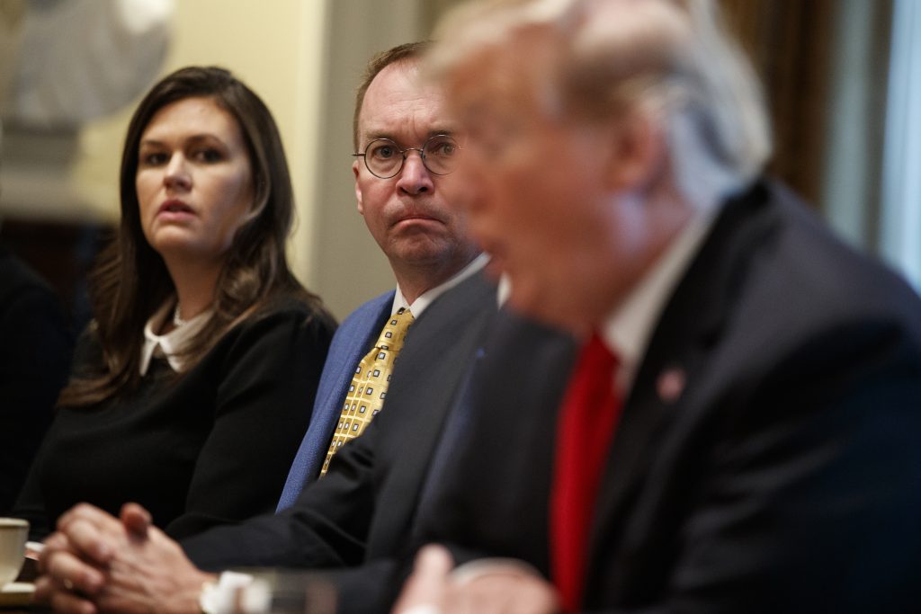 Donald Trump, Mick Mulvaney, Sarah Sanders White House press secretary Sarah Sanders and acting White House Chief of Staff Mick Mulvaney listen as President Donald Trump speaks during a meeting with NATO Secretary General Jens Stoltenberg in the Cabinet Room of the White House, Tuesday, April 2, 2019, in Washington. (Evan Vucci/AP Photo)