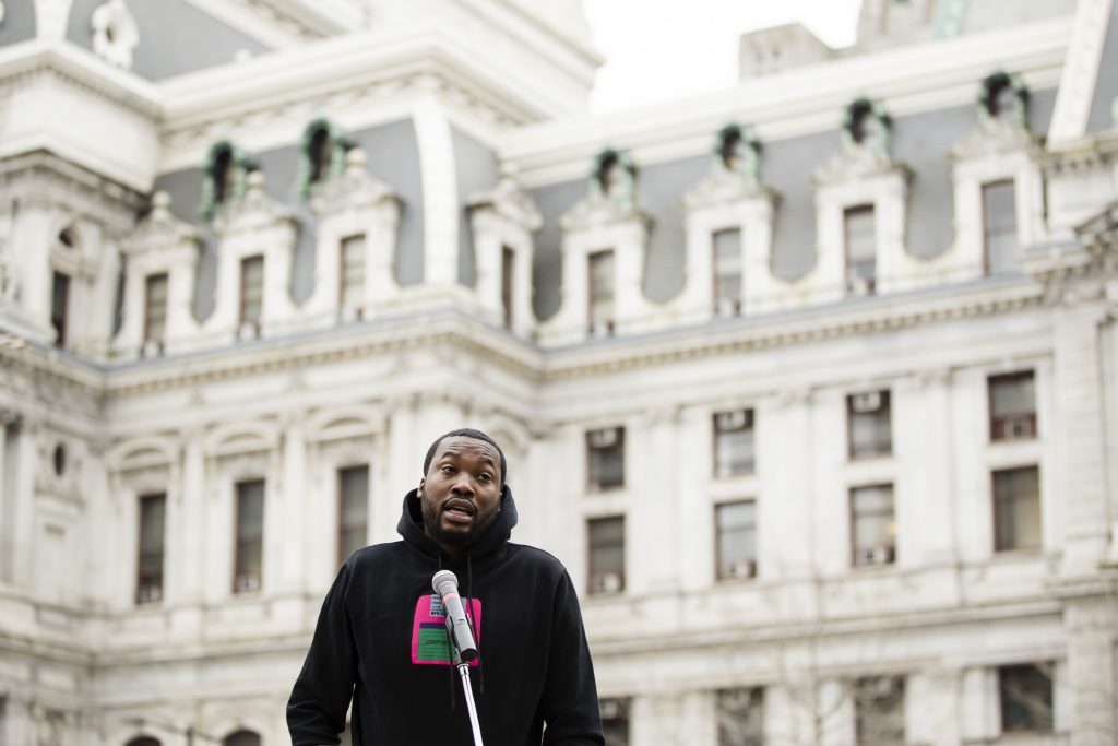 Meek Mill Recording artist Meek Mill speaks at a gathering to push for drastic changes to Pennsylvania's probation system, in Philadelphia, Tuesday, April 2, 2019. House Democratic Whip Jordan Harris on Tuesday announced he will soon introduce a bill designed to result in fewer people on parole and for shorter periods of time. (Matt Rourke/AP Photo)