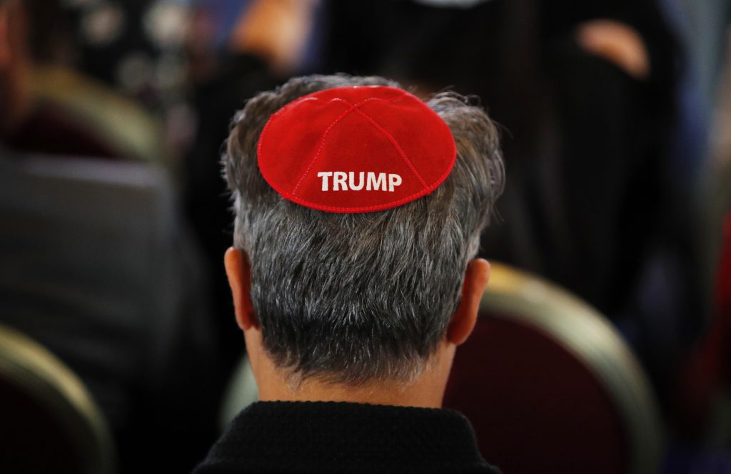 Trump An attendee wears a yarmulke with the word