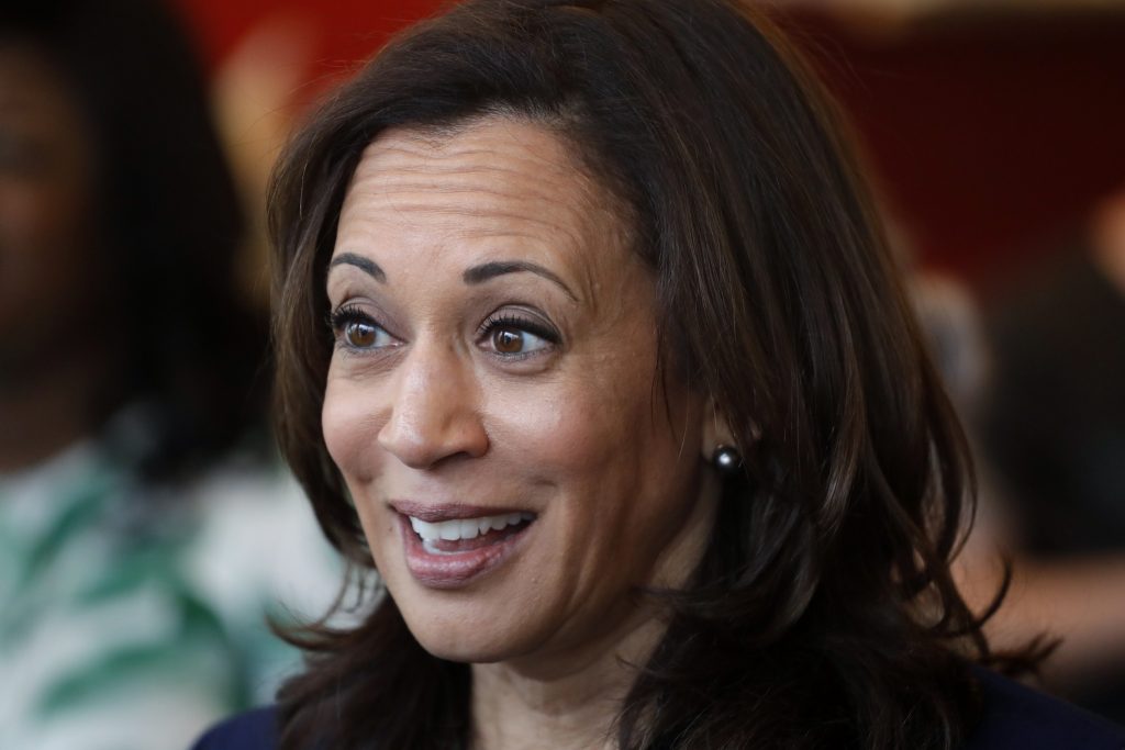2020 Democratic presidential candidate Sen. Kamala Harris speaks to students at a local cafe, Thursday, April 11, 2019, in Des Moines, Iowa. (AP Photo/Charlie Neibergall)
