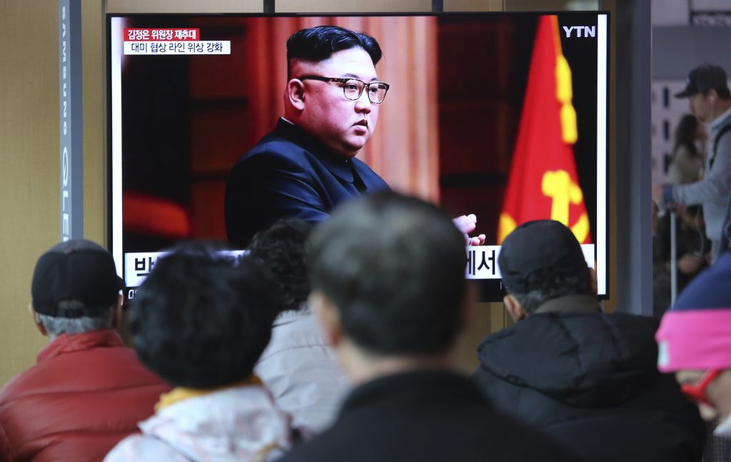 Kim Jong Un People watch a TV screen showing a file image of North Korean leader Kim Jong Un during a news program at the Seoul Railway Station in Seoul, South Korea, Friday, April 12, 2019. Kim was elected chairman of the State Affairs Commission, and a new premier was chosen by the government's parliament, the Korean Central News Agency reports. (Ahn Young-joon/AP Photo)
