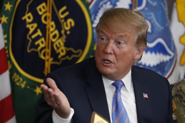 In this April 5, 2019 photo, President Donald Trump participates in a roundtable on immigration and border security at the U.S. Border Patrol Calexico Station in Calexico, Calif. (Jacquelyn Martin/AP Photo)