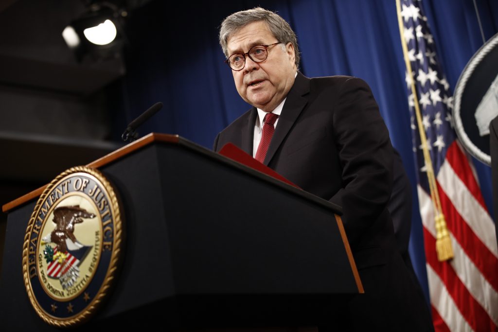 William Barr, Rod Rosenstein Attorney General William Barr speaks about the release of a redacted version of special counsel Robert Mueller's report during a news conference, Thursday, April 18, 2019, at the Department of Justice in Washington. (Patrick Semansky/AP Photo)