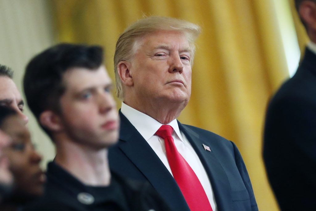Trump President Donald Trump stands during a Wounded Warrior Project Soldier Ride event in the East Room of the White House, Thursday, April 18, 2019, in Washington. (Pablo Martinez Monsivais/AP Photo)