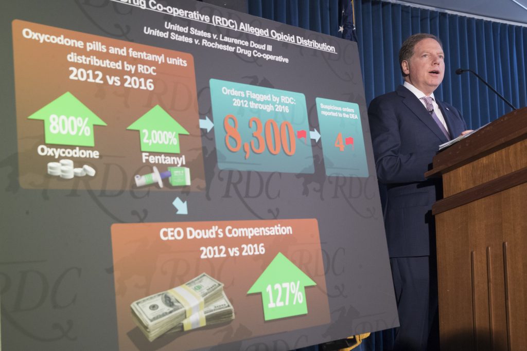 Geoffrey S. Berman Geoffrey S. Berman, U.S. Attorney for the Southern District of New York, speaks during a news conference announcing charges against Rochester Drug Co-Operative Laurence Doud III, Tuesday, April 23, 2019, in New York. The former head of a drug distributor has been indicted on what federal prosecutors say are the first-ever criminal charges against a drug company executive stemming from the opioid crisis. (Mary Altaffer/AP Photo)