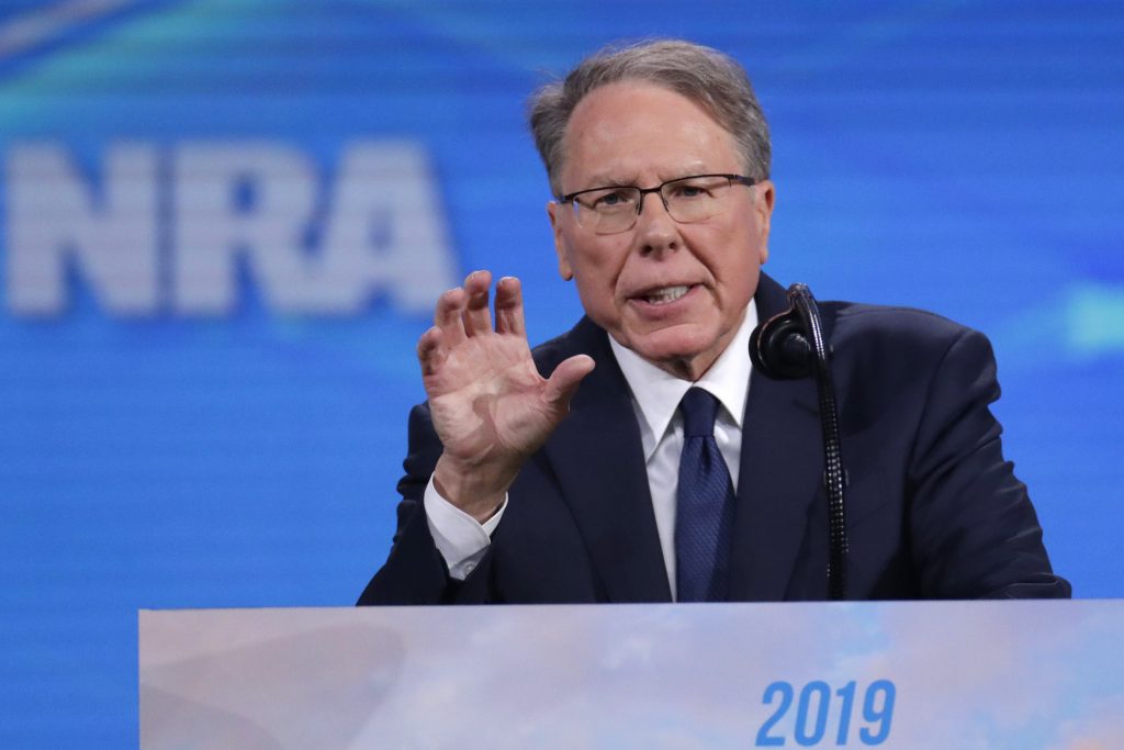 Wayne Nation Rifle Association Executive Vice President Wayne LaPierre speaks at the National Rifle Association Institute for Legislative Action Leadership Forum in Lucas Oil Stadium in Indianapolis, Friday, April 26, 2019. (Michael Conroy/AP Photo)