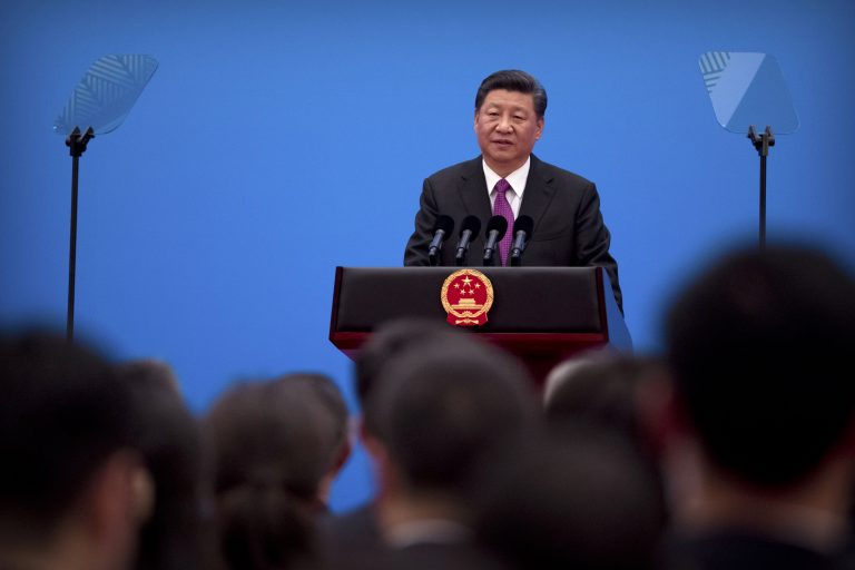 Chinese President Xi Jinping speaks during a press conference at the closing of the Belt and Road Forum at Yanqi Lake on the outskirts of Beijing, Saturday, April 27, 2019. (Mark Schiefelbein/AP Photo)