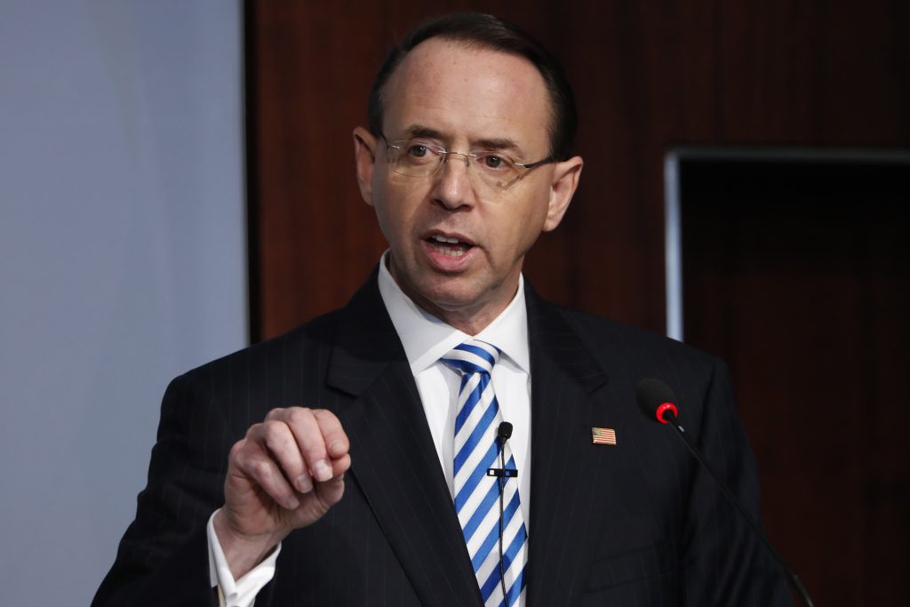 Rod Rosenstein In this Feb. 25, 2019, file photo, Deputy Attorney General Rod Rosenstein speaks at a Center for Strategic and International Studies (CSIS) event on the rule of law in Washington. Rosenstein has submitted a letter of resignation to President Donald Trump. It's effective May 11. (Jacquelyn Martin/AP Photo)