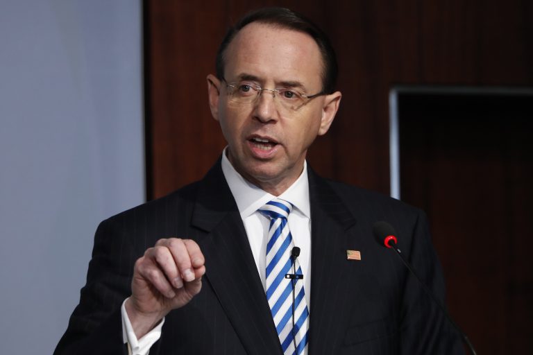 In this Feb. 25, 2019, file photo, Deputy Attorney General Rod Rosenstein speaks at a Center for Strategic and International Studies (CSIS) event on the rule of law in Washington. Rosenstein has submitted a letter of resignation to President Donald Trump. It's effective May 11. (Jacquelyn Martin/AP Photo)