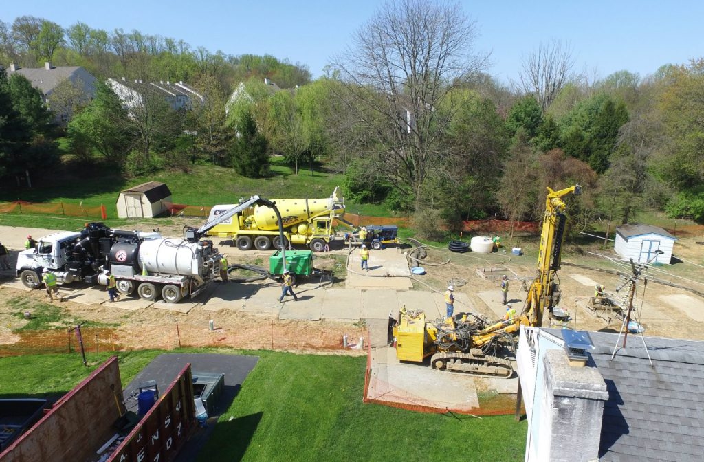 DJI_0056_lisa_drive_cropped-1920×1260 In this file photo, Mariner East 2 pipeline construction crews work in the backyards of homes on Lisa Drive in West Whiteland Township, Chester County, on May 2, 2018 after sinkholes opened in the area. That caused one of the ME2 project's many delays. (Marie Cusick/WITF)