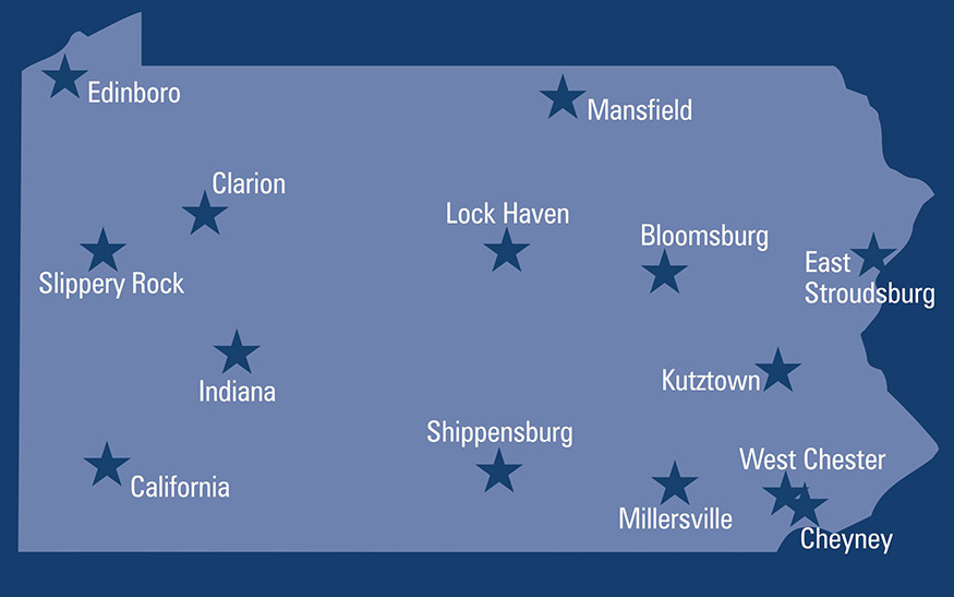 PAStateSystem_UNIVmap Pennsylvania’s State System of Higher Education includes 14 schools state-wide (Image via http://www.passhe.edu/)