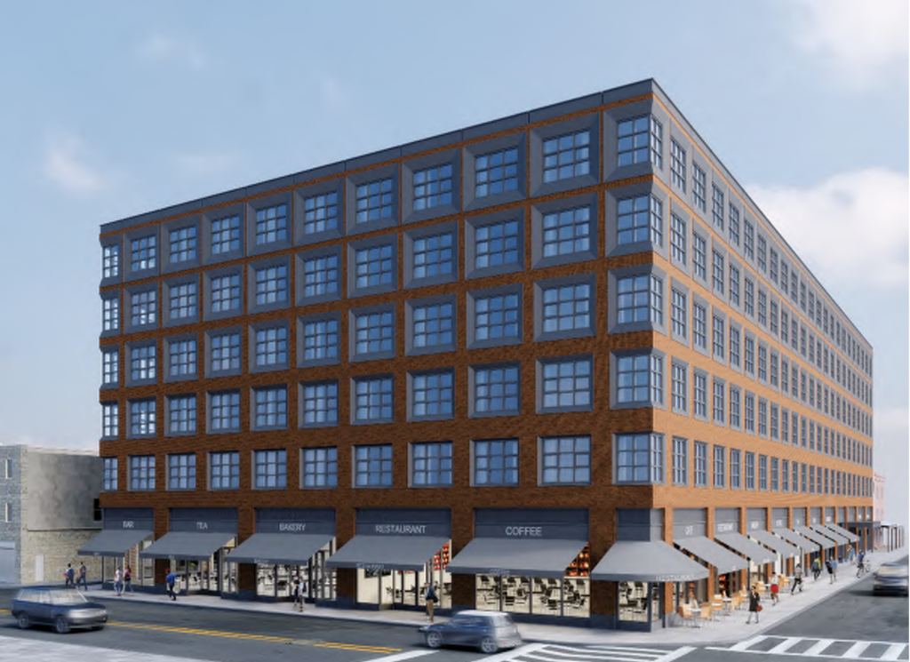 A rendering of Midwood's proposed Italian Market apartment building as soon from Washington Avenue and Ninth Street looking east. (BLT Architects)