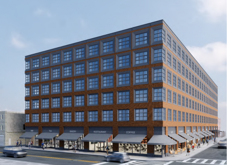 A rendering of Midwood's proposed Italian Market apartment building as soon from Washington Avenue and Ninth Street looking east. (BLT Architects)