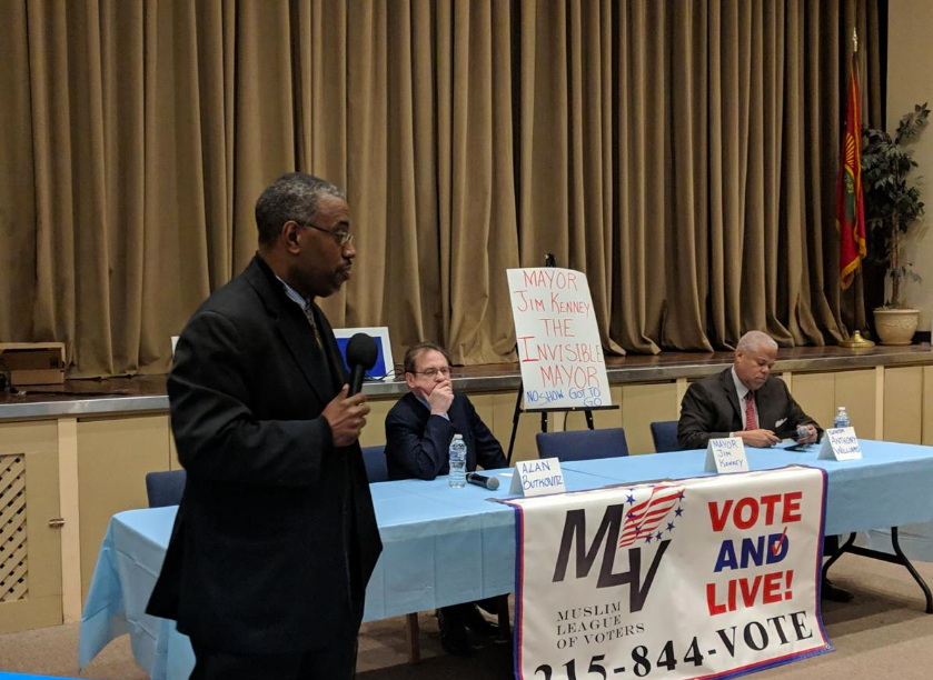 Screen Shot 2019-04-04 at 1.01.15 PM WURD radio host Vincent Thompson hosted the mayoral debate organized by the Muslim League of Voters Tuesday (Michael D'Onforio/The Philadelphia Tribune)