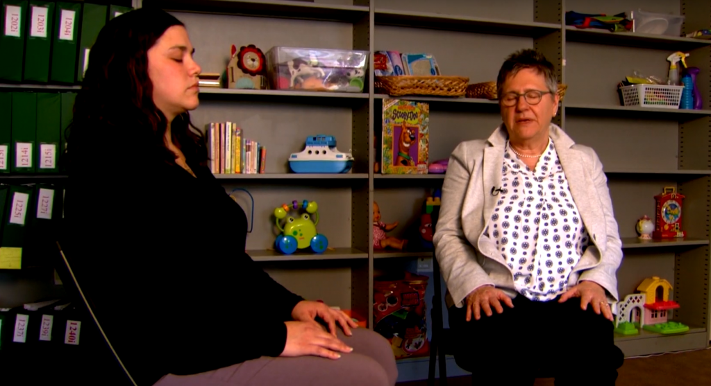 Screen Shot 2019-04-11 at 5.01.01 PM Kelliann O’Hare and MATER director Diane Abatemarco practicing mindfulness. (WHYY)