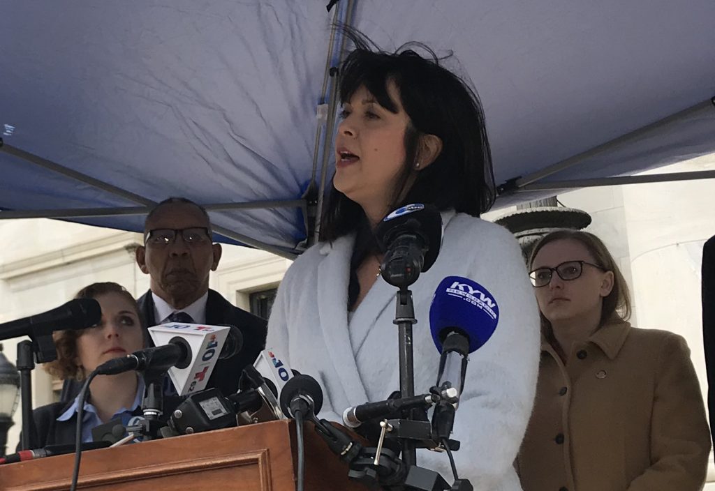WHYYLBredflaglawx1200 Delaware County District Attorney Katayoun Copeland speaks on behalf of a new