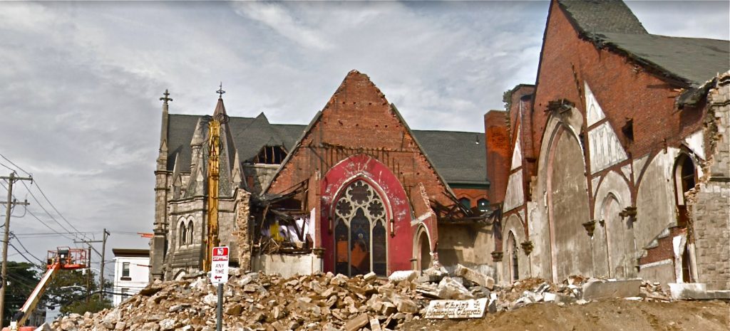 Screen shot 2019-04-29 at 5.08.50 PM Permits have been filed to build apartments on the site of this partially demolished church. (Google Maps)