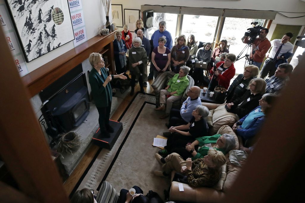 Democratic presidential candidate Sen. Elizabeth Warren, D-Mass., left, speaks at a campaign house party, last month in Salem, NH. Warren has proposed abolishing the Electoral College. Democratic presidential candidate Sen. Elizabeth Warren, D-Mass., left, speaks at a campaign house party, last month in Salem, NH. Warren has proposed abolishing the Electoral College. (Elise Amendola/AP)