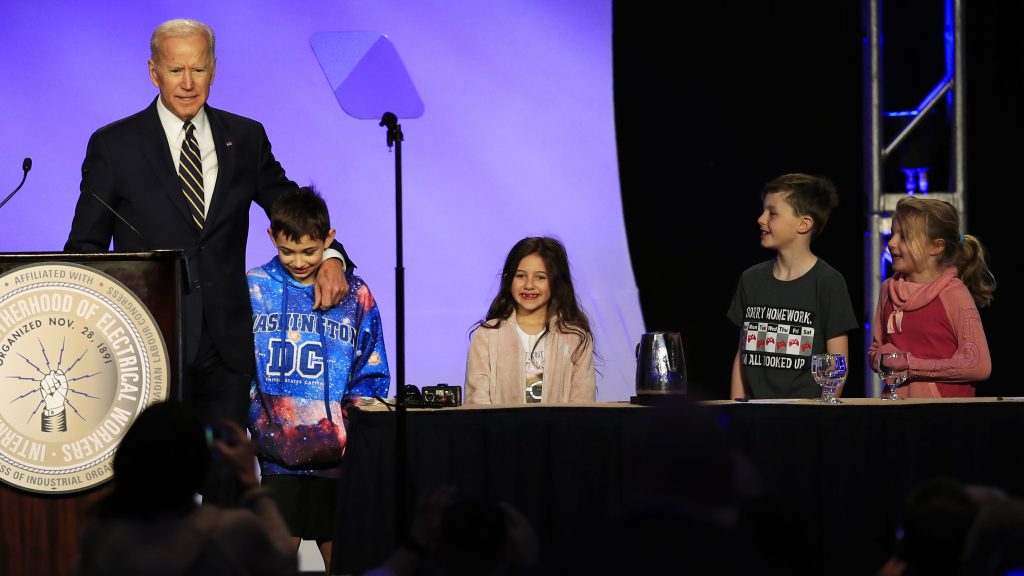 Former Vice President Joe Biden is joined by some children onstage, as he speaks at an International Brotherhood of Electrical Workers conference Friday in Washington. Former Vice President Joe Biden is joined by some children onstage, as he speaks at an International Brotherhood of Electrical Workers conference Friday in Washington. (Manuel Balce Ceneta/AP)