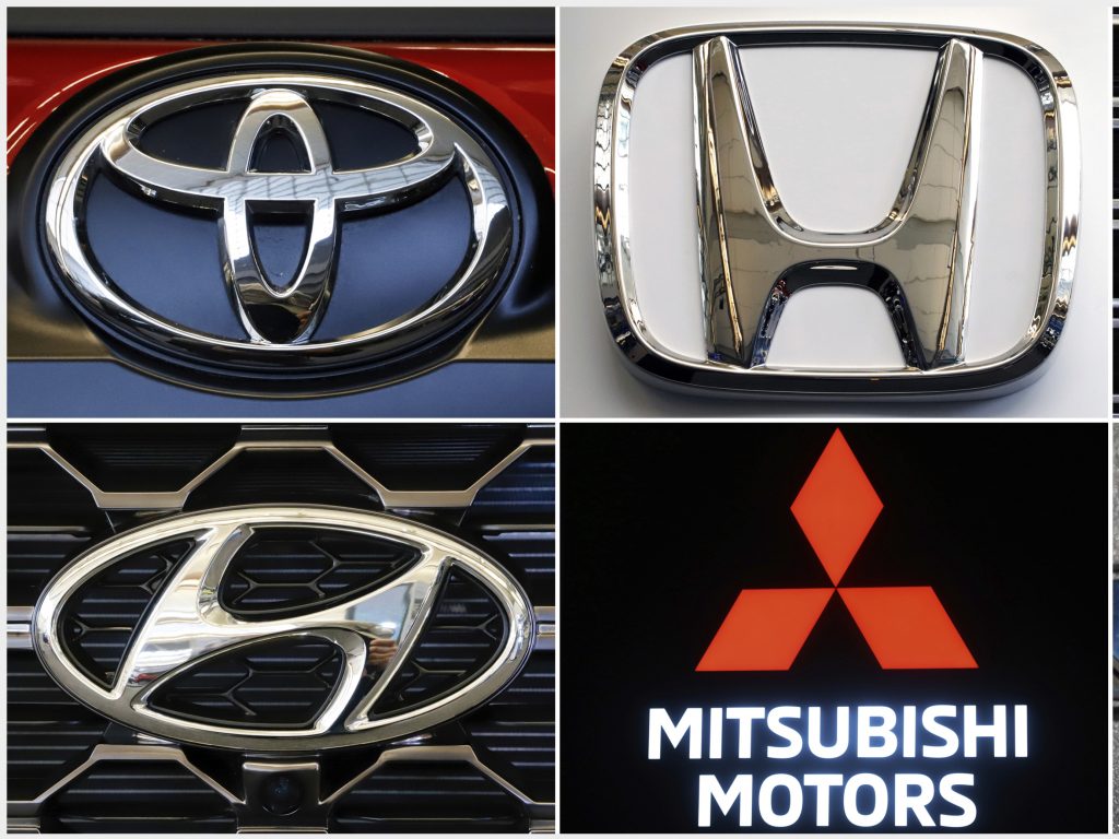 This combination of photos shows clockwise from top left the logos for Toyota, Honda, Kia, Fiat Chrysler, Mitsubishi and Hyundai. U.S. auto safety regulators have expanded an investigation into malfunctioning air bag controls to include 12.3 million vehicles because the bags may not inflate in a crash. This combination of photos shows clockwise from top left the logos for Toyota, Honda, Kia, Fiat Chrysler, Mitsubishi and Hyundai. U.S. auto safety regulators have expanded an investigation into malfunctioning air bag controls to include 12.3 million vehicles because the bags may not inflate in a crash. (AP)