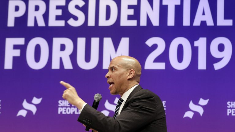 Sen. Cory Booker, D-N.J., answers questions during a presidential forum held by She The People in Houston on Wednesday.
(Michael Wyke/AP)