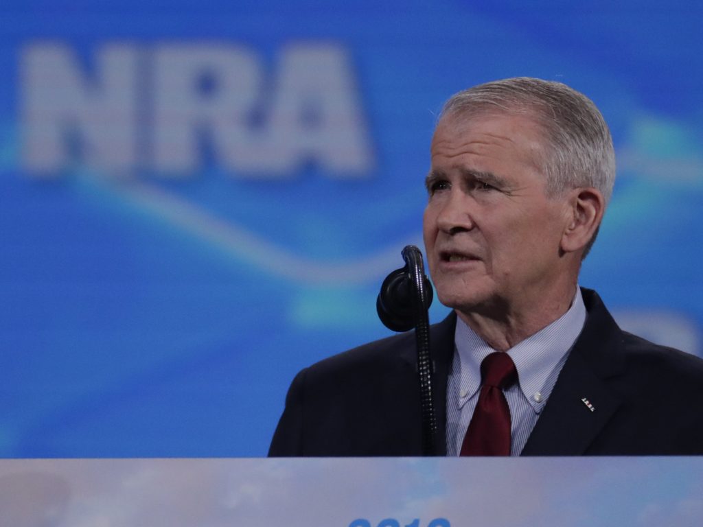 Oliver North speaks at the National Rifle Association Institute for Legislative Action Leadership Forum at Lucas Oil Stadium in Indianapolis on April 26, 2019. Oliver North speaks at the National Rifle Association Institute for Legislative Action Leadership Forum at Lucas Oil Stadium in Indianapolis on April 26, 2019. (Michael Conroy/AP)