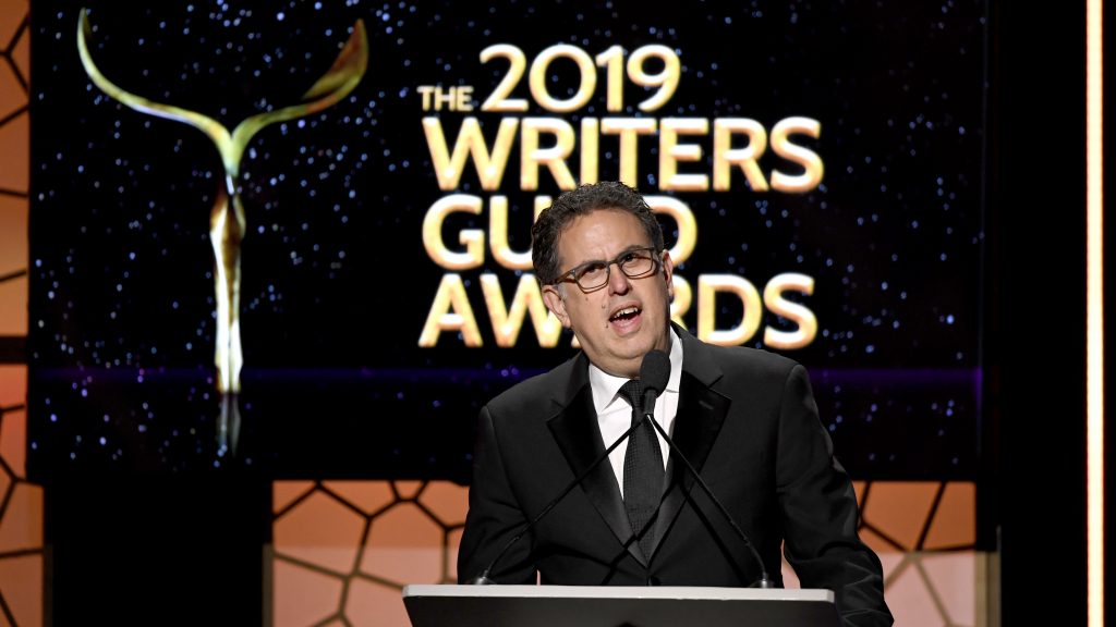 Writers Guild of America West President David Goodman speaks in Los Angeles at the 2019 union award ceremony. The WGA instructed is writers to fire their agents on Friday. Writers Guild of America West President David Goodman speaks in Los Angeles at the 2019 union award ceremony. The WGA instructed is writers to fire their agents on Friday. (Frazer Harrison/Getty Images)