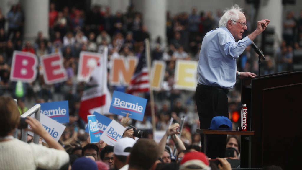 Democratic presidential candidate Sen. Bernie Sanders, I-Vt., speaks at a campaign rally in Los Angeles on March 23. His campaign reported on Tuesday that it raised $18.2 million through the end of the first quarter of the year. Democratic presidential candidate Sen. Bernie Sanders, I-Vt., speaks at a campaign rally in Los Angeles on March 23. His campaign reported on Tuesday that it raised $18.2 million through the end of the first quarter of the year. (Mario Tama/Getty Images)