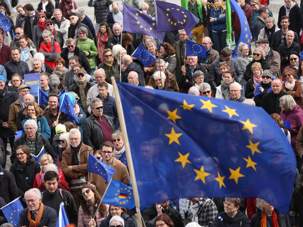 Pro-European Union demonstrators march in Berlin on March 31. Pro-European Union demonstrators march in Berlin on March 31. (Adam Berry/Getty Images)