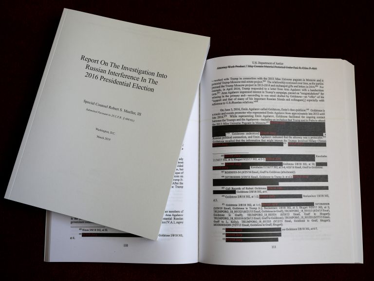 The redacted version of special counsel Robert Mueller's report on Russian interference is shown on April 24. Deputy Attorney General Rod Rosenstein called the report the 