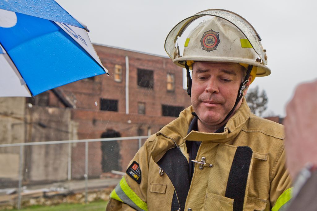 north-philly-church-fire-3-1024×683 Philadelphia fire commissioner Adam Thiel at The Original Apostolic Faith Church of the Lord Jesus Christ in North Philadelphia in March of 2018, right after a fire broke out at the church. (Kimberly Paynter/WHYY)
