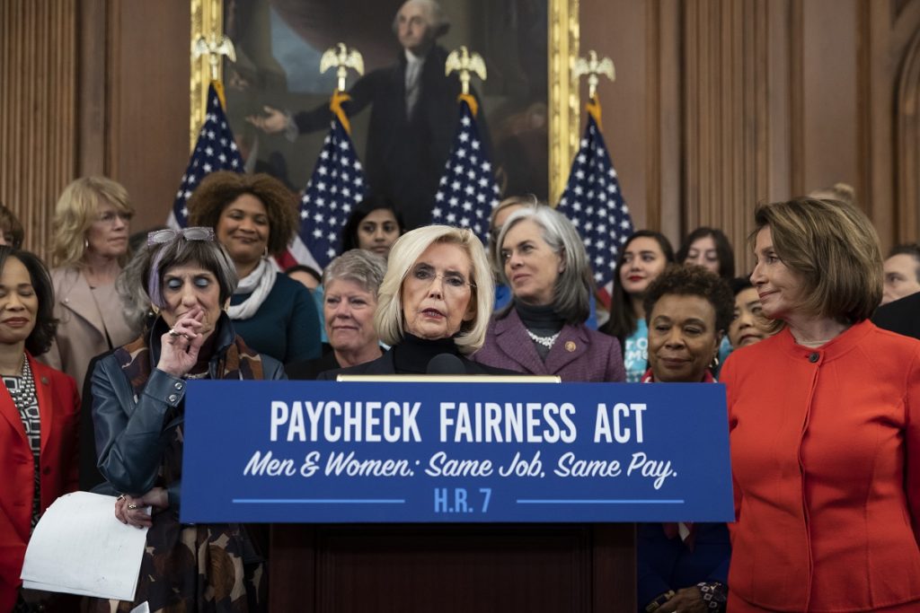 Nancy Pelosi, Rosa DeLauro, Lilly Ledbetter Lilly Ledbetter, center, an activist for workplace equality, speaks at an event to advocate for the Paycheck Fairness Act on the 10th anniversary of President Barack Obama signing the Lilly Ledbetter Fair Pay Act, at the Capitol in Washington, Wednesday, Jan. 30, 2019. (AP Photo/J. Scott Applewhite)