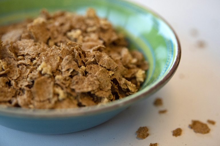 A bowl of Honey Toasted Kernza. General Mills made 6,000 boxes of the cereal and is passing them out to spread the word about perennial grains. (Olivia Sun/NPR)