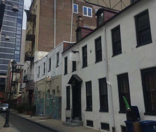 The site of the former baths today, looking northeast along Camac Street. (Oscar Beisert)