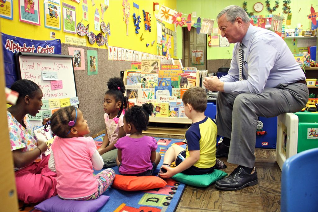 2016 06 14-elee-philadelphia little learners literacy academy- Philadelphia Mayor Jim Kenney sits in on a preschool class at Little Learners Literacy Academy in South Philadelphia in 2016. Pre-K expansion was one of Kenney's top campaign promises. (Emma Lee/WHYY)