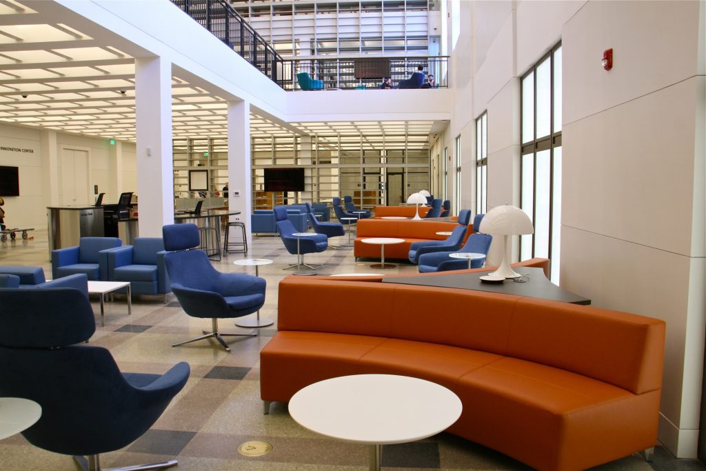 2019 04 04-e lee-philadelphia parkway central library-bric The Business Resource and Innovation Center is below the Heim Center for Cultural and Civic Engagement in the multi-level public space at the Parkway branch of the Free Library of Philadelphia. (Emma Lee/WHYY)