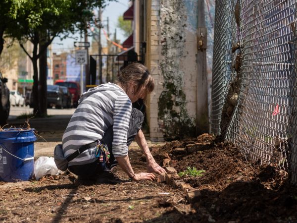 June Vroegindewey, a former volunteer with La Finquita, scatters flower seeds to decorate the new Orkney Street garden. (Angela Gervasi for WHYY)