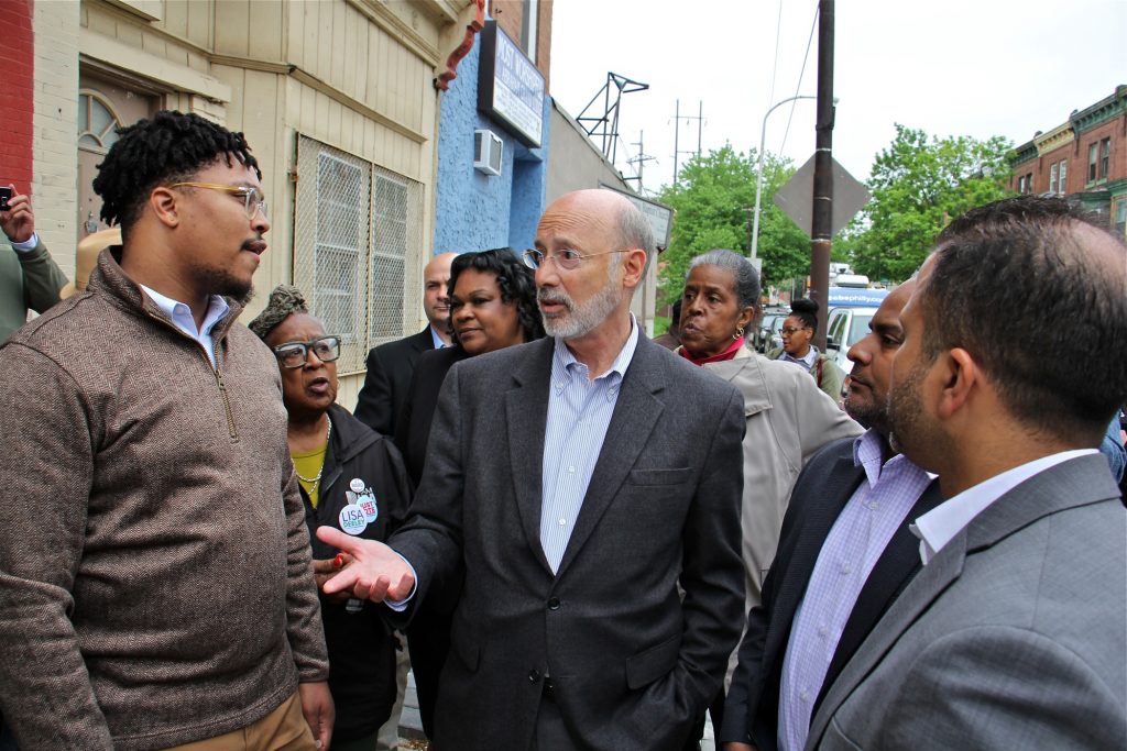 2019 05 03-e lee-tom wolf-philadelphia fair hill-severance tax urban blight Pennsylvania Gov. Tom Wolf visits Fairhill, one of Philadelphia's poorest neighborhoods, to push for a severance tax on natural gas, which he says could be used to fight urban blight. (Emma Lee/WHYY)