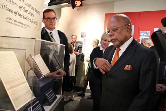 African American scholar Henry Louis Gates Jr. stops to look at Dred Scott's petition for freedom during the opening of the National Constitution Center's Civil War and Reconstruction exhibit. (Emma Lee/WHYY)