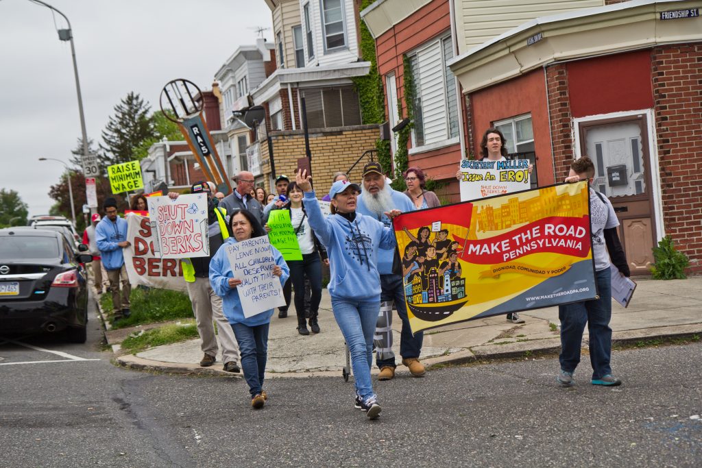 About 30 activists from different organizations marched in solidarity for workers’ rights on May Day on Rising Sun Avenue in the lower Northeast section of Philadelphia. (Kimberly Paynter/WHYY)