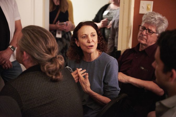 Jane Goldin, Executive Director of the Philadelphia Mural Arts Program, speaks during an open discussion at the Friends of Safehouse event. (Natalie Piserchio for WHYY)