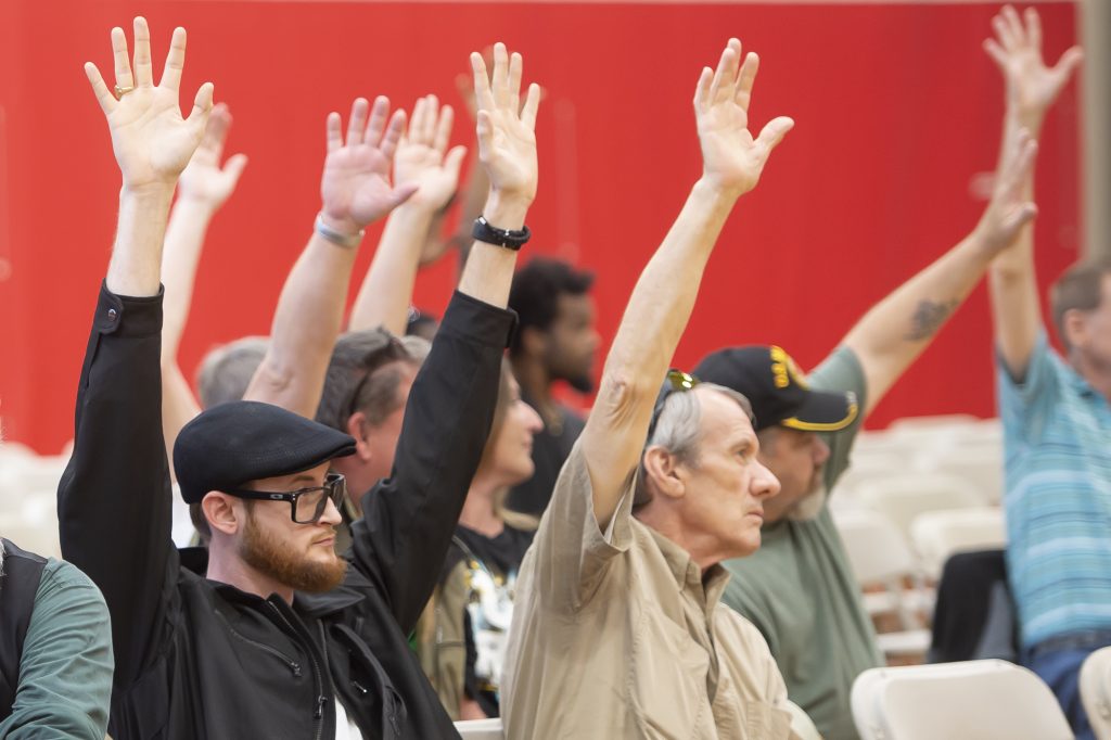 2019-05-18_08 J Wilson_ marajuana_listening_tour_northeast_philly Lieutenance Governor John Fetterman asks the audience who is in favor of the legalization of recreational marijuana and the majority of attendees raise their hands. (Jonathan Wilson for WHYY)